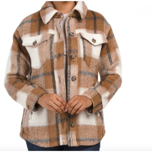 Avec Les Filles Women's Plaid Button Front Shacket Jacket White Brown Size XS - Picture 1 of 12